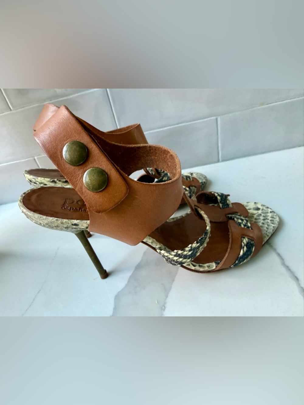 Pedro Garcia Tan Leather Sandals with Snakeskin Accents - Picture 2 of 9